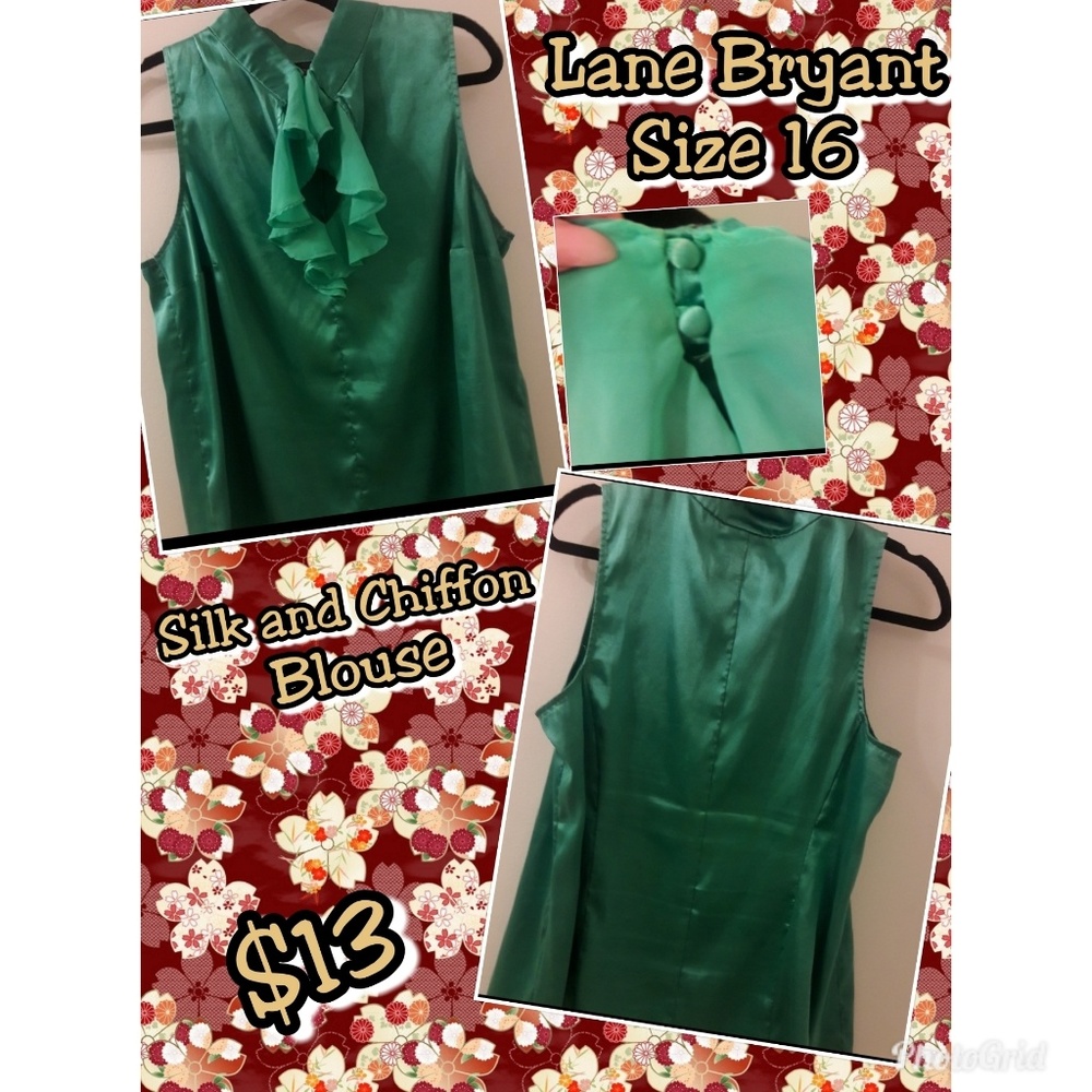 Lane Bryant Green Silk and Chiffon Ruffle Blouse